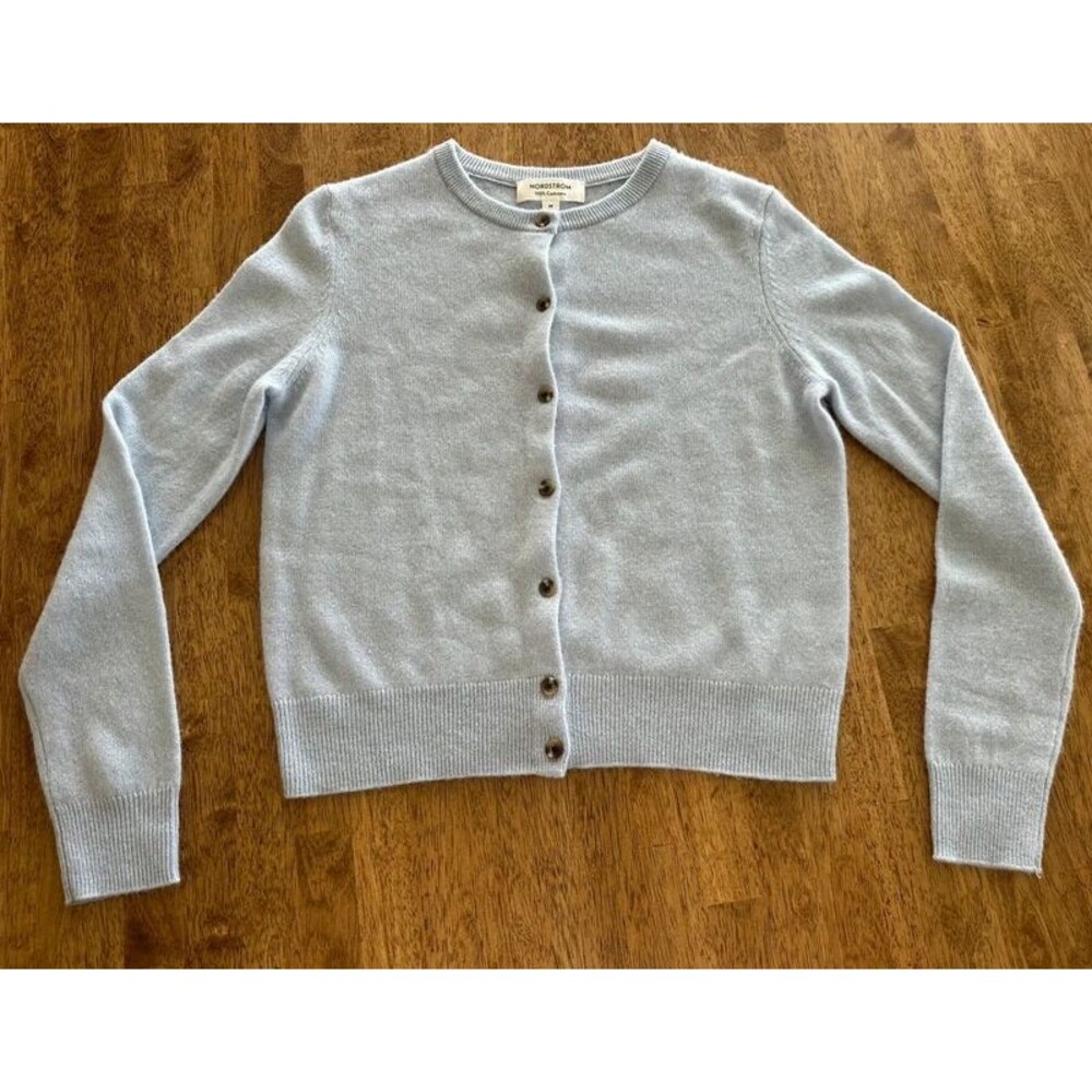 Nordstrom 100% Cashmere Light Blue Button Front Cardigan Sweater Size M